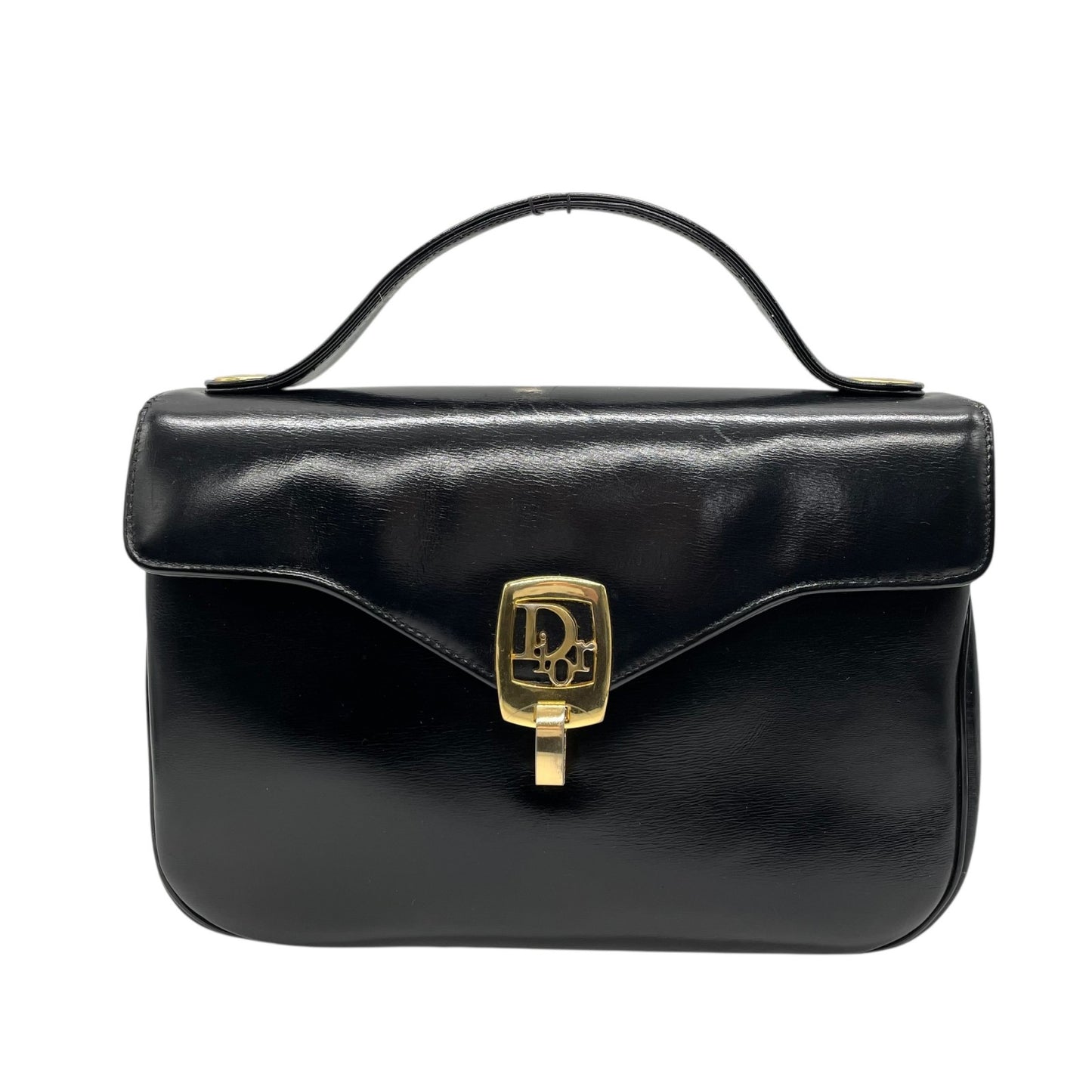 Christian Dior クリスチャンディオール ハンドバッグ ブラック レザー ゴールド金具 ロゴ トップハンドル フラップ フォーマル ヴィンテージ レディース B