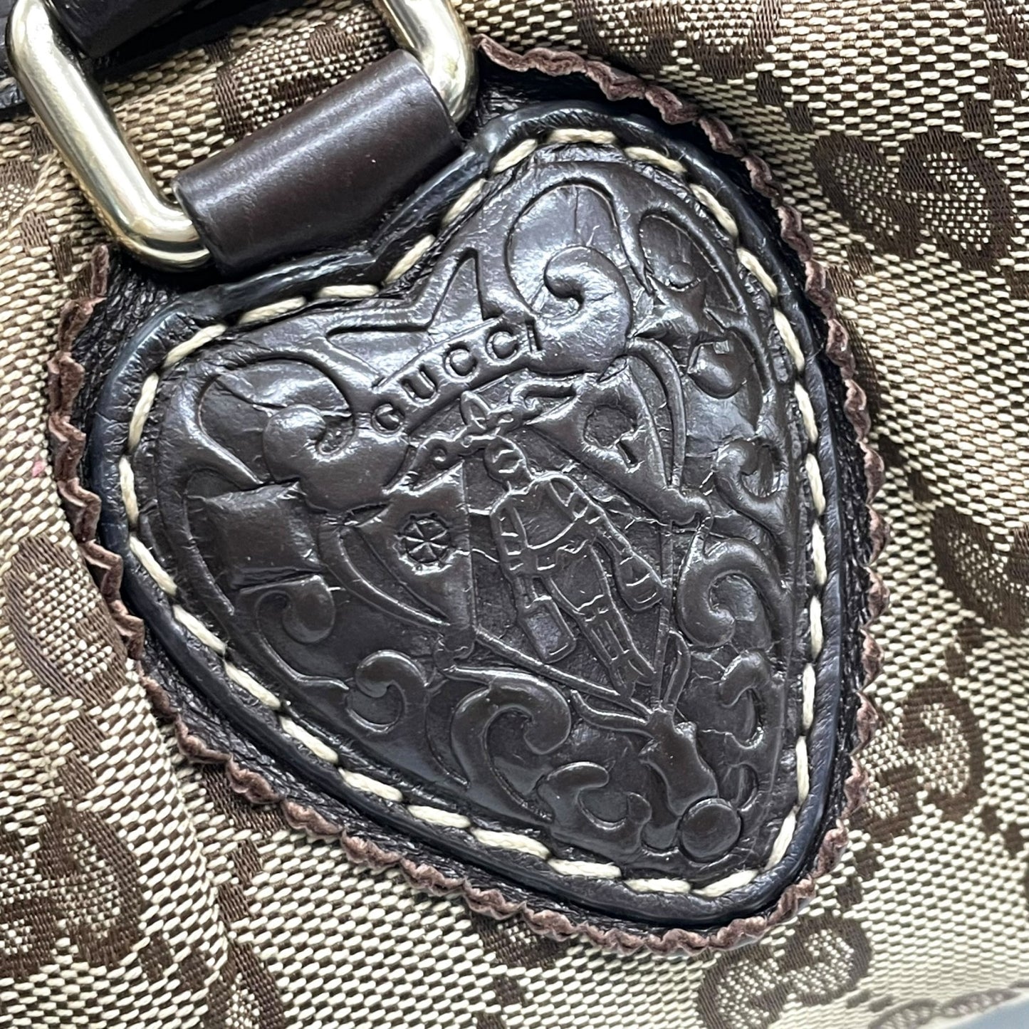 GUCCI グッチ GGキャンバス ハート タッセル トートバッグ ブラウン レザー トリム ショルダー ハンドバッグ 211955 レディース