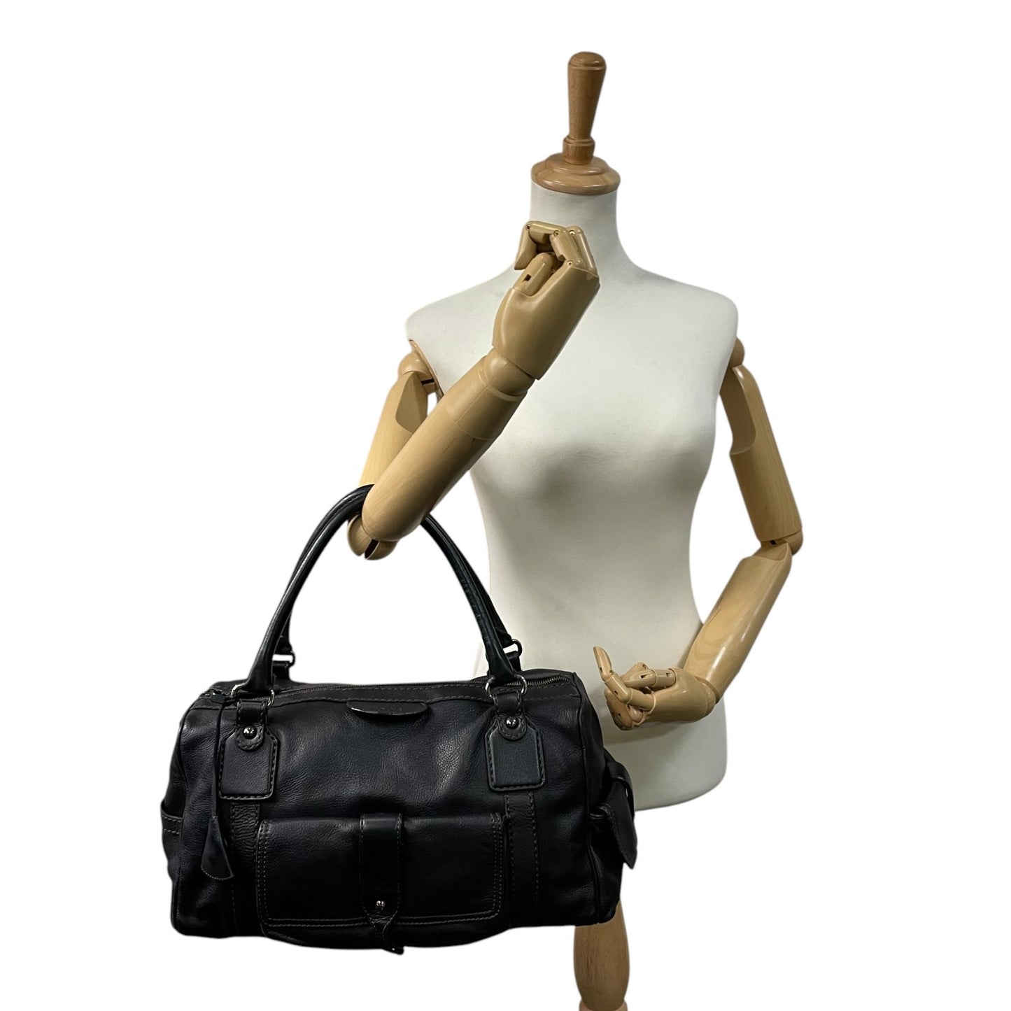 Authentic TOD'S Boston Handbag Leather Black Silver Hardware Padlock Women's