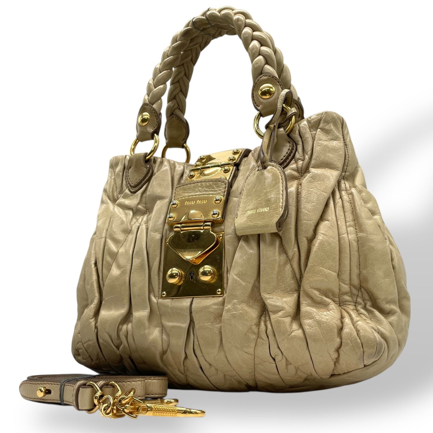 Authentic miumiu Matelassé 2WAY Handbag Shoulder Bag Leather Khaki Beige Gold Hardware Women's Crossbody