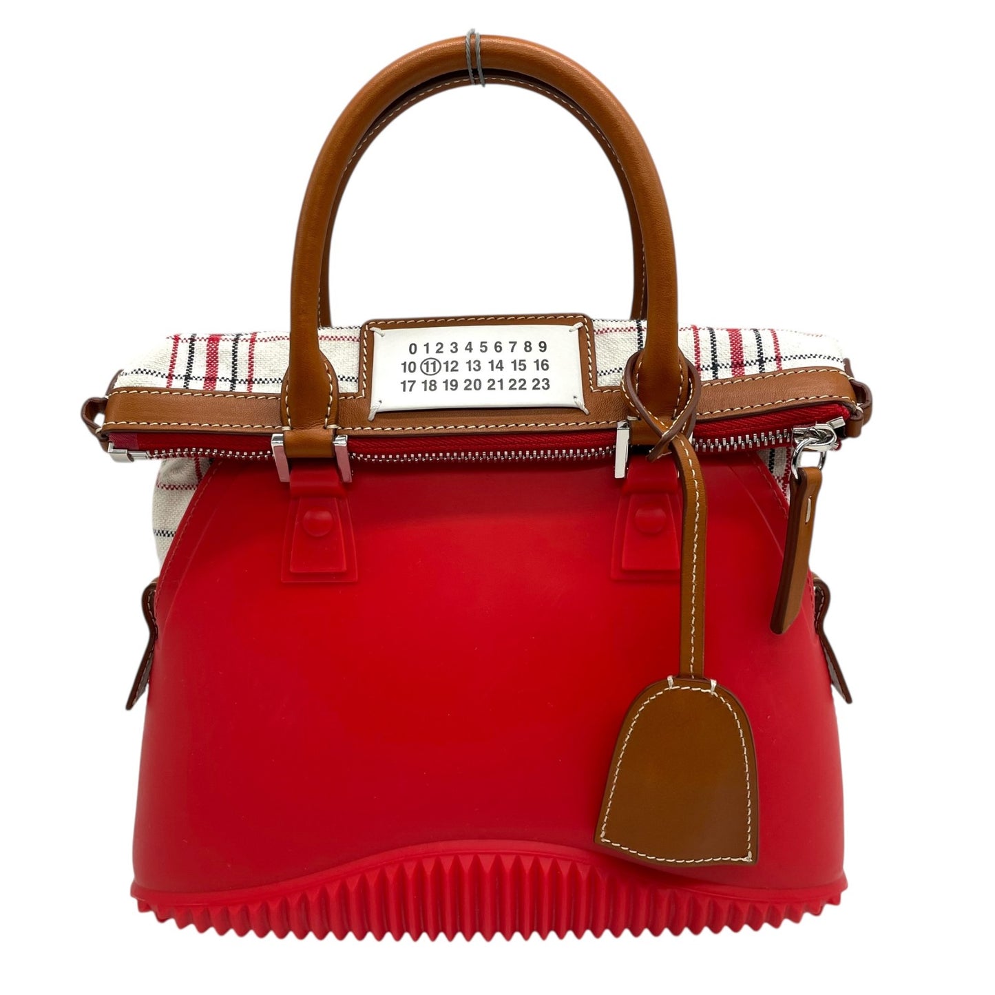 Excellent Authentic Maison Margiela 5AC 2WAY Handbag Mini Bag Red Leather Canvas Checkered SB3WG0009 Crossbody Padlock