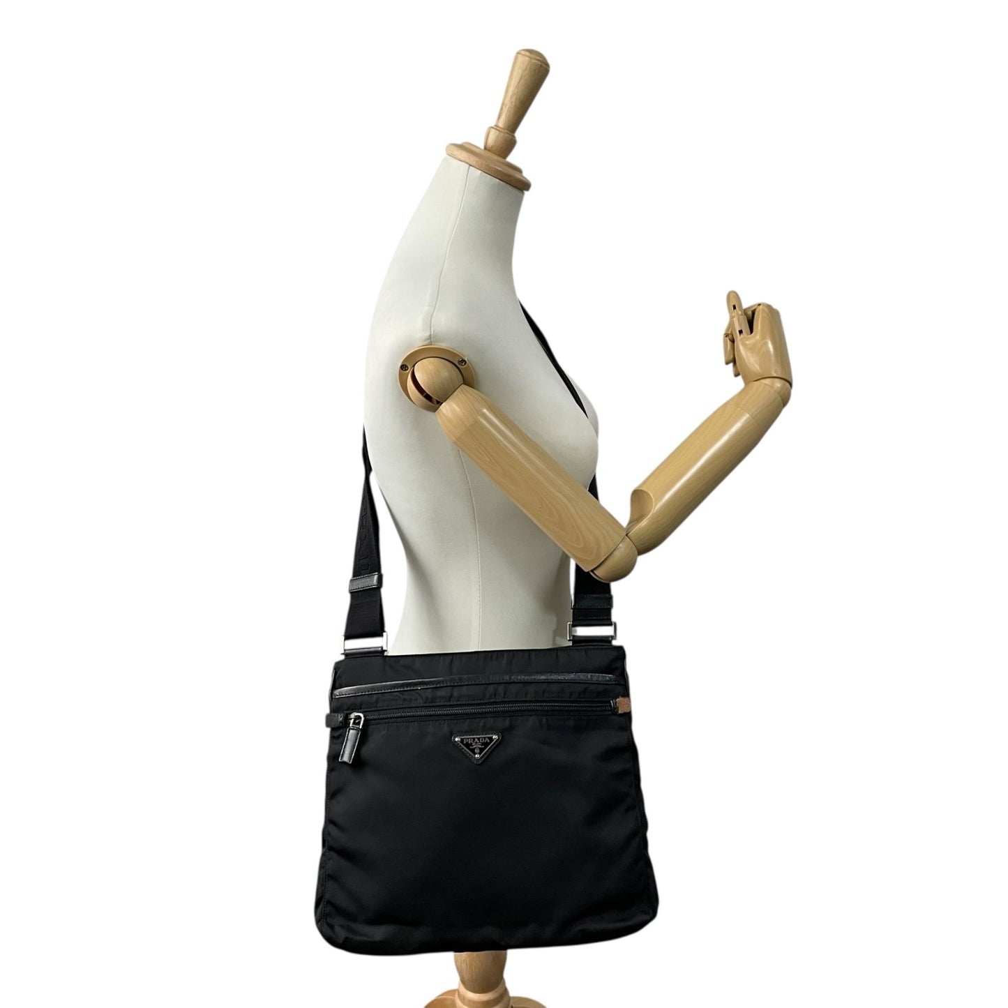 Authentic PRADA Black Shoulder Bag Triangular Logo Plate Nylon Leather Silver Hardware Adjustable Strap Men's Women's