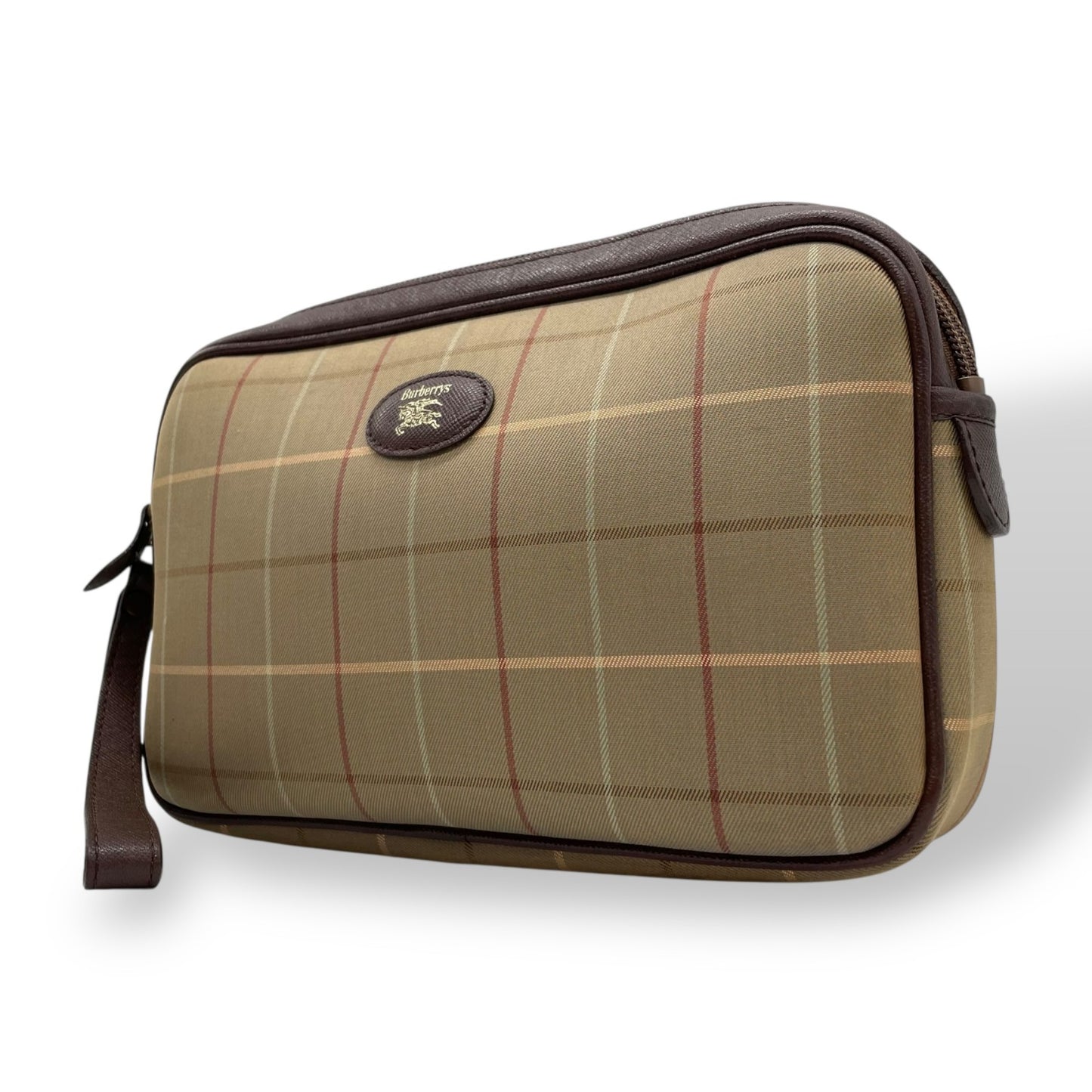 美品 Burberry バーバリー クラッチバッグ セカンドバッグ ポーチ カーキ ブラウン キャンバス レザー チェック ホースロゴ メンズ レディース ヴィンテージ S97