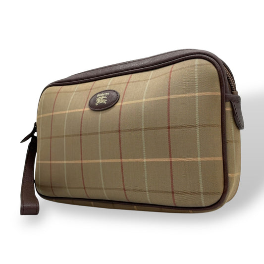 美品 Burberry バーバリー クラッチバッグ セカンドバッグ ポーチ カーキ ブラウン キャンバス レザー チェック ホースロゴ メンズ レディース ヴィンテージ S97