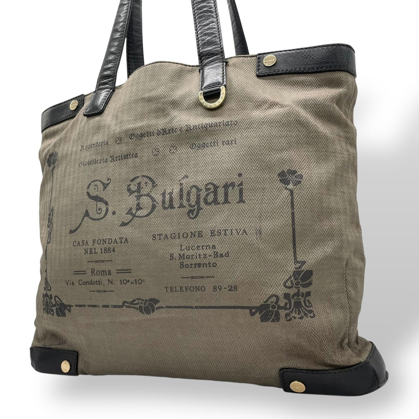 BVLGARI ブルガリ コレツィオーネ トートバッグ ワンショルダー ロゴ PVC レザー グレー 黒 ブラック ゴールド金具 肩掛け可 メンズ レディース U15