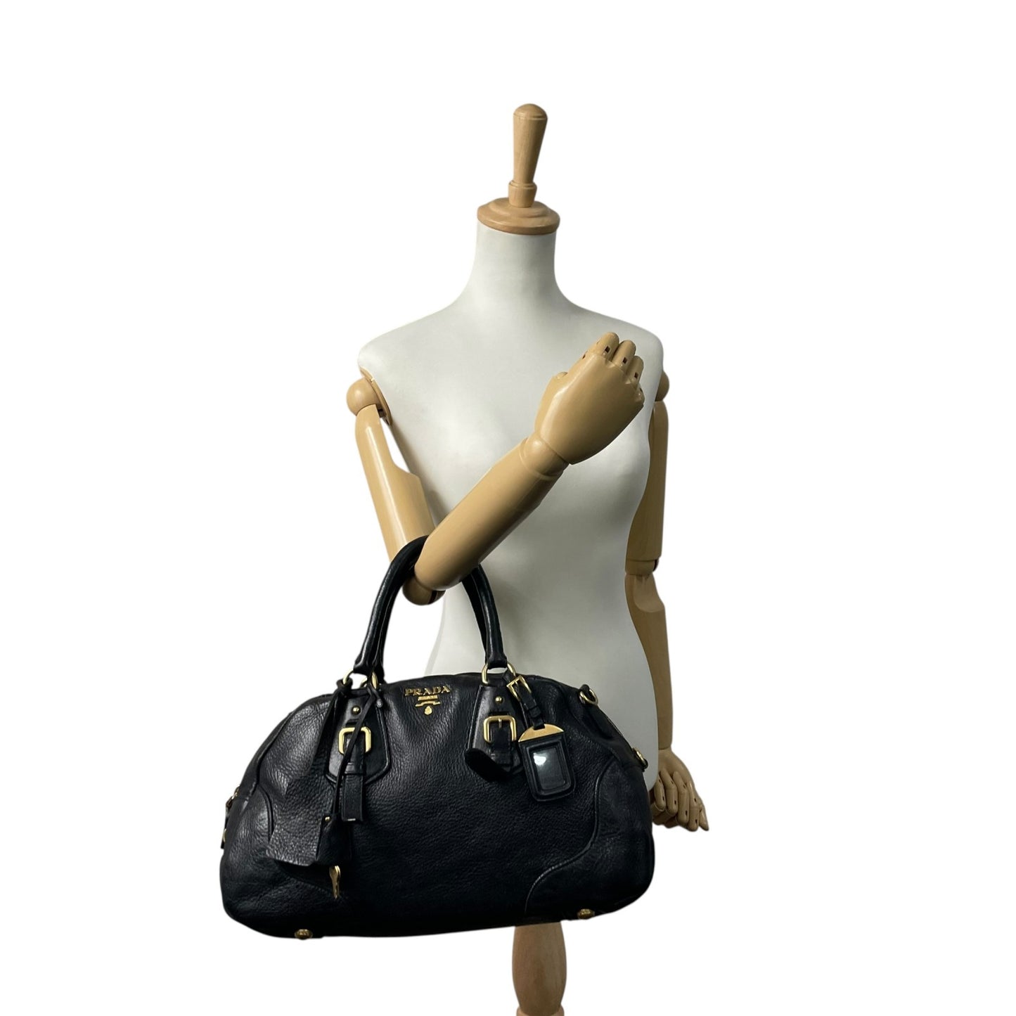 Authentic PRADA 2WAY Handbag Shoulder Black NERO Leather Gold Hardware Logo