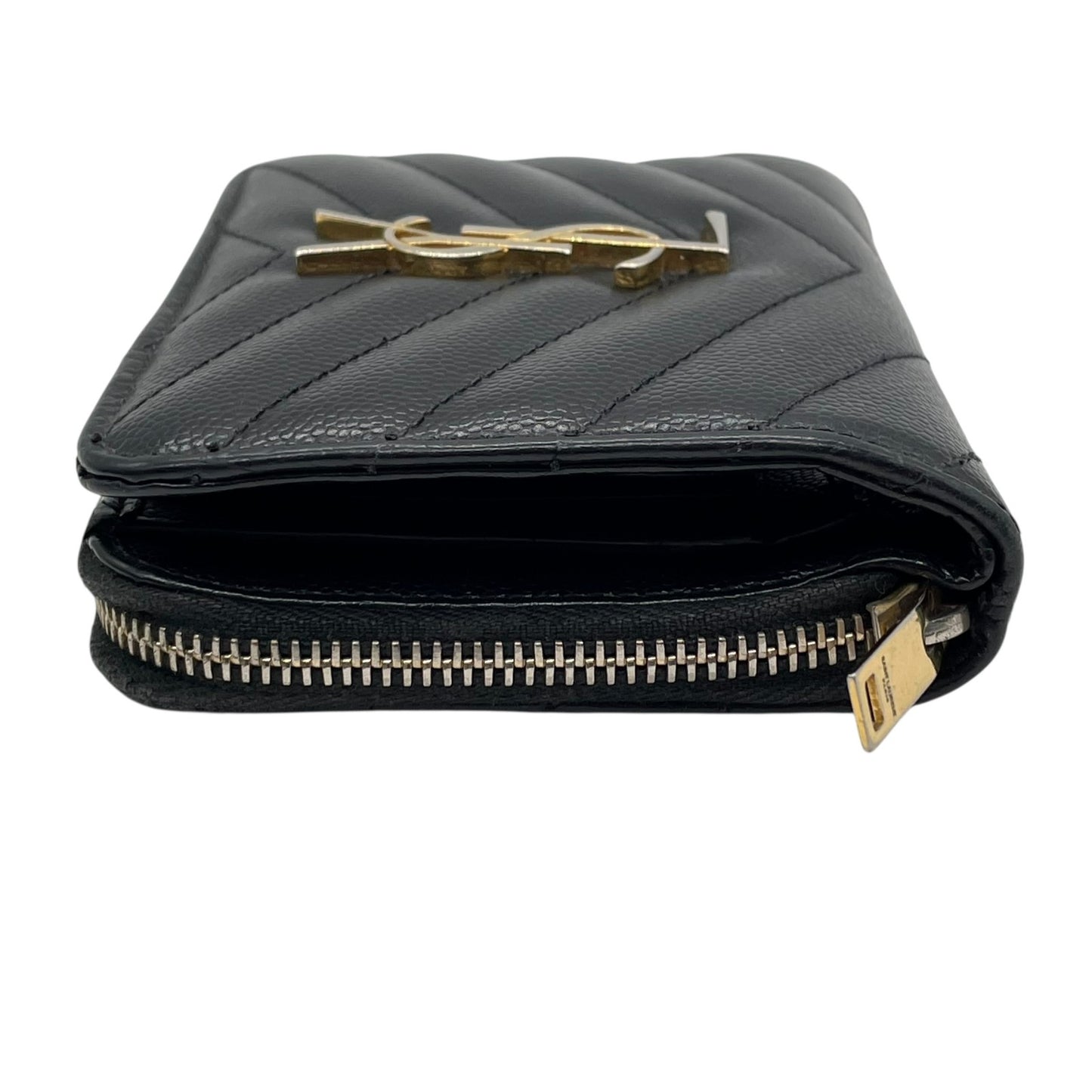 Authentic Saint Laurent Paris Compact Wallet Black YSL Large Logo Caviar Leather Gold Hardware Women