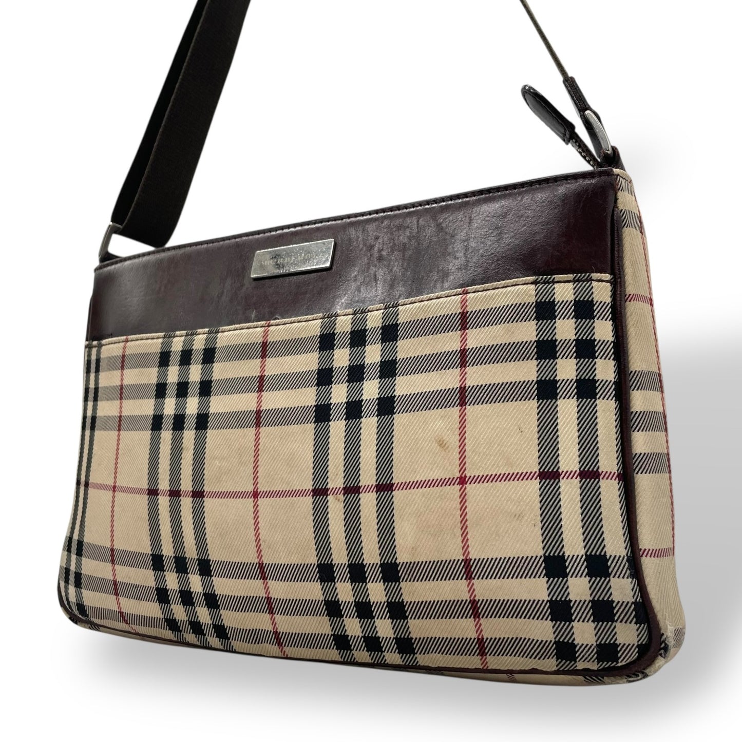 BURBERRY バーバリー ノバチェック ショルダーバッグ キャンバス レザー ベージュ 茶 ブラウン シルバー金具 ロゴプレート チェック柄 斜め掛け 肩掛け レディース C6