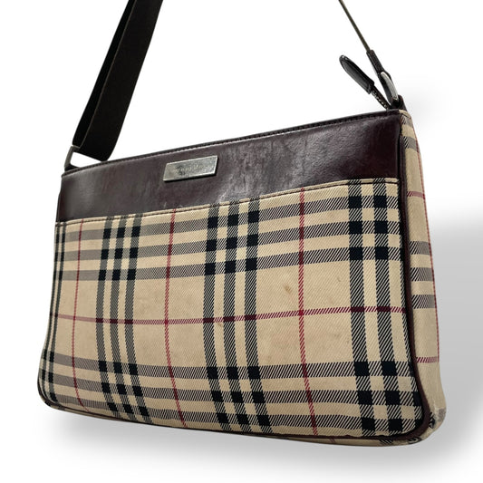 BURBERRY バーバリー ノバチェック ショルダーバッグ キャンバス レザー ベージュ 茶 ブラウン シルバー金具 ロゴプレート チェック柄 斜め掛け 肩掛け レディース C6