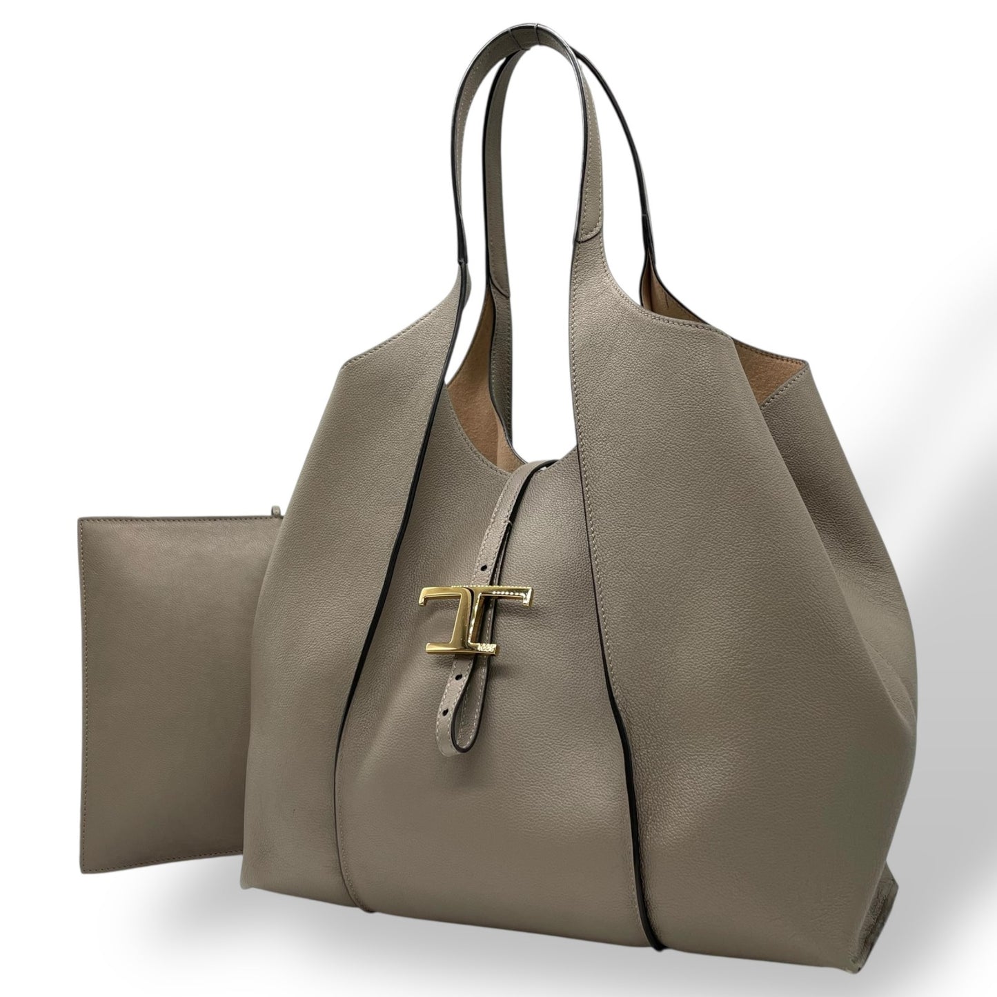 極美品 TOD'S トッズ T タイムレス レザー トートバッグ グレージュ ゴールド金具 ポーチ付き 大容量 肩掛け可 レディース 正規品 D