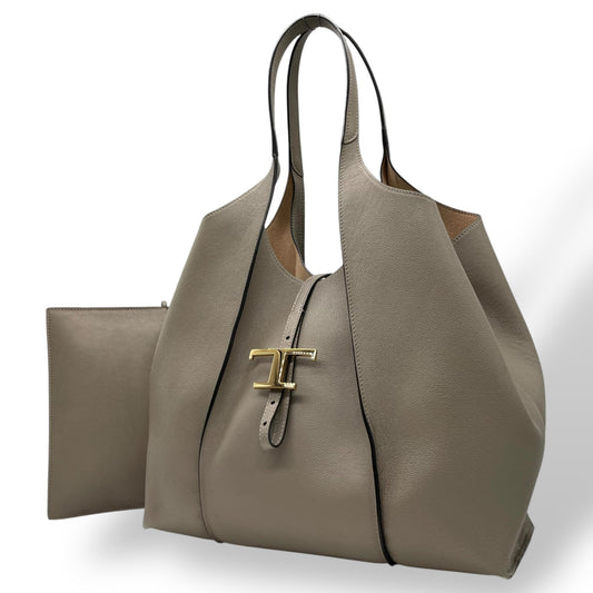 極美品 TOD'S トッズ T タイムレス レザー トートバッグ グレージュ ゴールド金具 ポーチ付き 大容量 肩掛け可 レディース 正規品 D