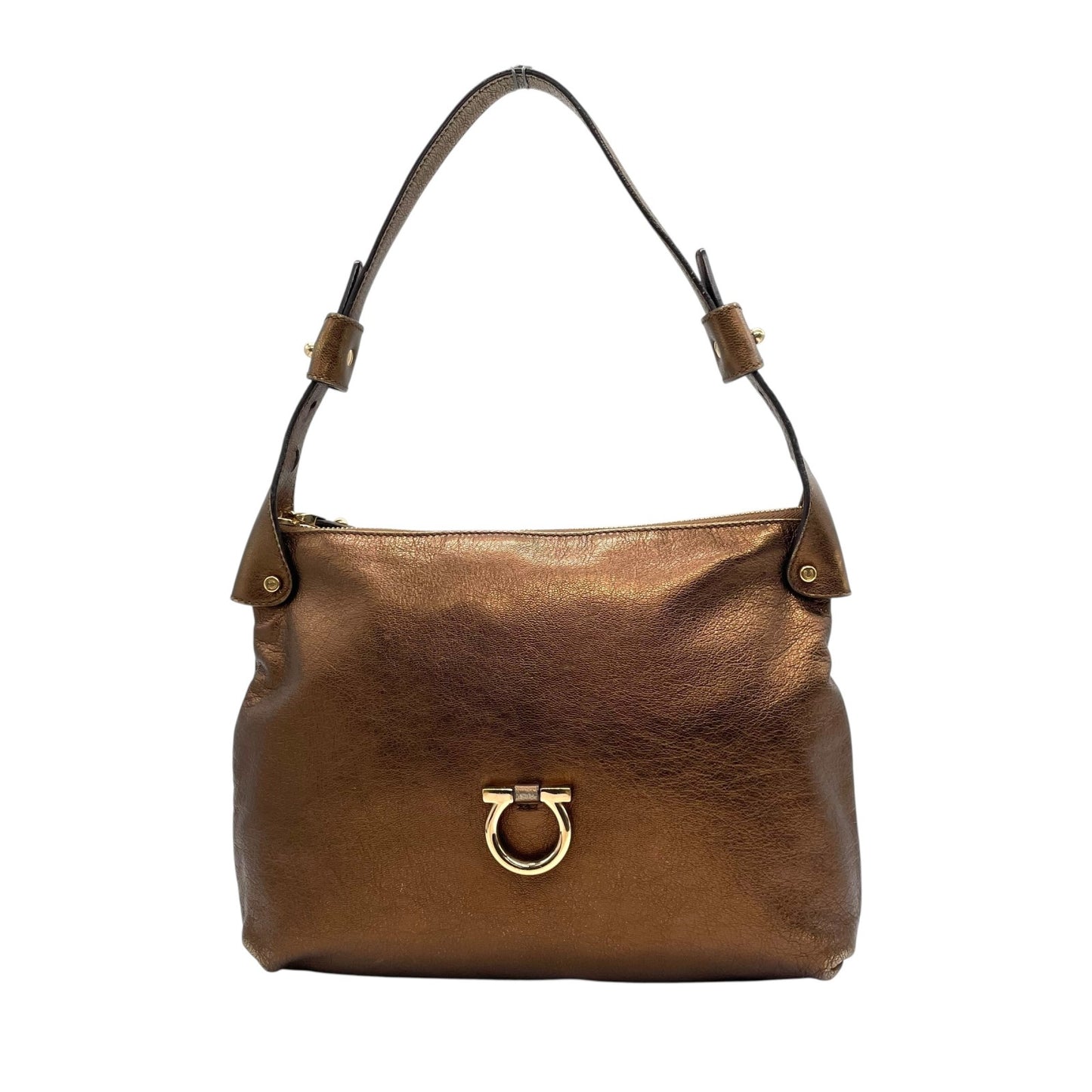 美品 Salvatore Ferragamo フェラガモ ガンチーニ ハンドバッグ ショルダーバッグ ワンショルダー 茶 ブラウン ブロンズ メタリック レザー ゴールド金具 肩掛け レディース K6