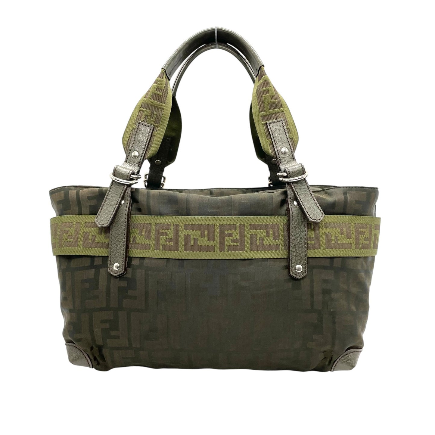 美品 FENDI フェンディ ズッカ柄 ナイロントート バッグ カーキ グリーン FF柄 ベルトデザイン シルバー金具 8BH143 ハンドバッグ レディース B1