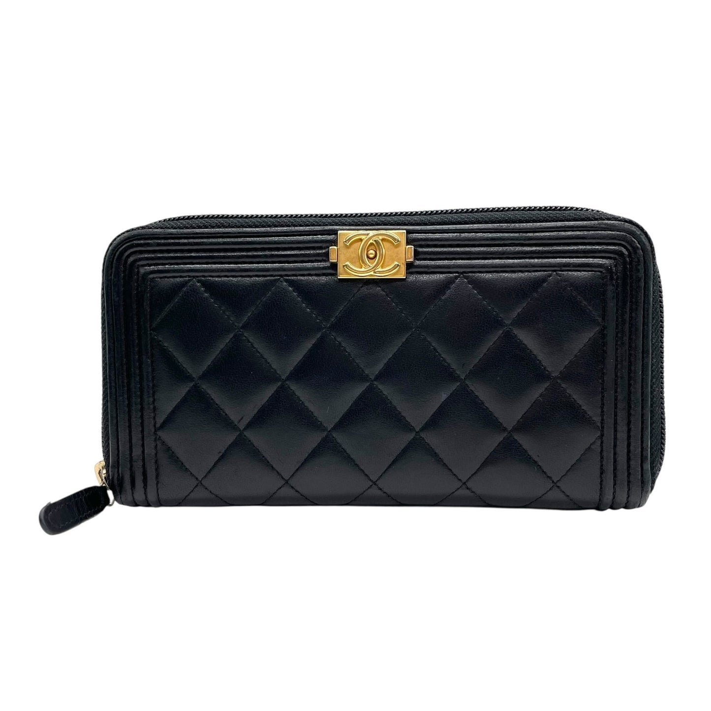 美品 シャネル CHANEL ボーイシャネル ラウンドファスナー 長財布 ブラック 黒 レザー 金 ゴールド金具 キルティング ココマーク W6