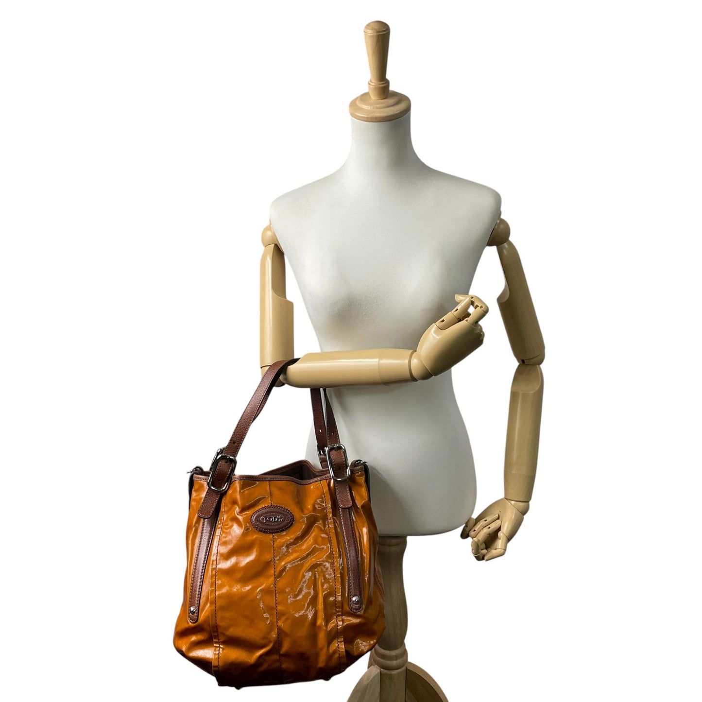 トッズ TOD’S レザー×ナイロン 2WAY トートバッグ ショルダーバッグ 茶色 ブラウン 光沢 大容量 レディース S95