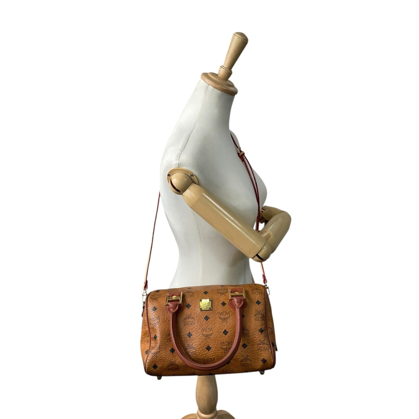 エムシーエム MCM ヴィセトス 2WAY ハンドバッグ ミニボストンバッグ ショルダーバッグ 茶 ブラウン コニャック レザー ゴールド金具 斜め掛け可 レディース D