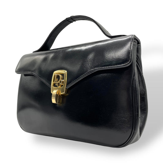 Christian Dior クリスチャンディオール ハンドバッグ ブラック レザー ゴールド金具 ロゴ トップハンドル フラップ フォーマル ヴィンテージ レディース B