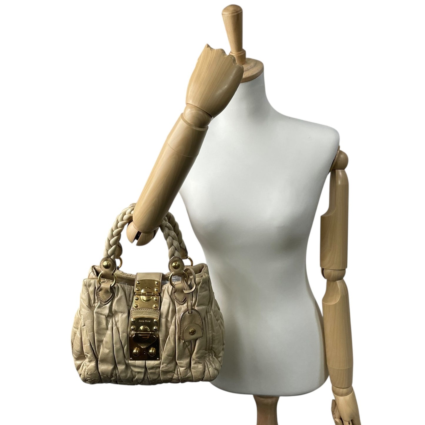 Authentic miumiu Matelassé 2WAY Handbag Shoulder Bag Leather Khaki Beige Gold Hardware Women's Crossbody