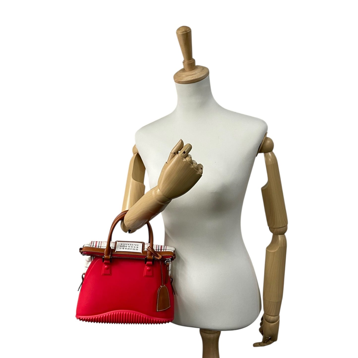 Excellent Authentic Maison Margiela 5AC 2WAY Handbag Mini Bag Red Leather Canvas Checkered SB3WG0009 Crossbody Padlock