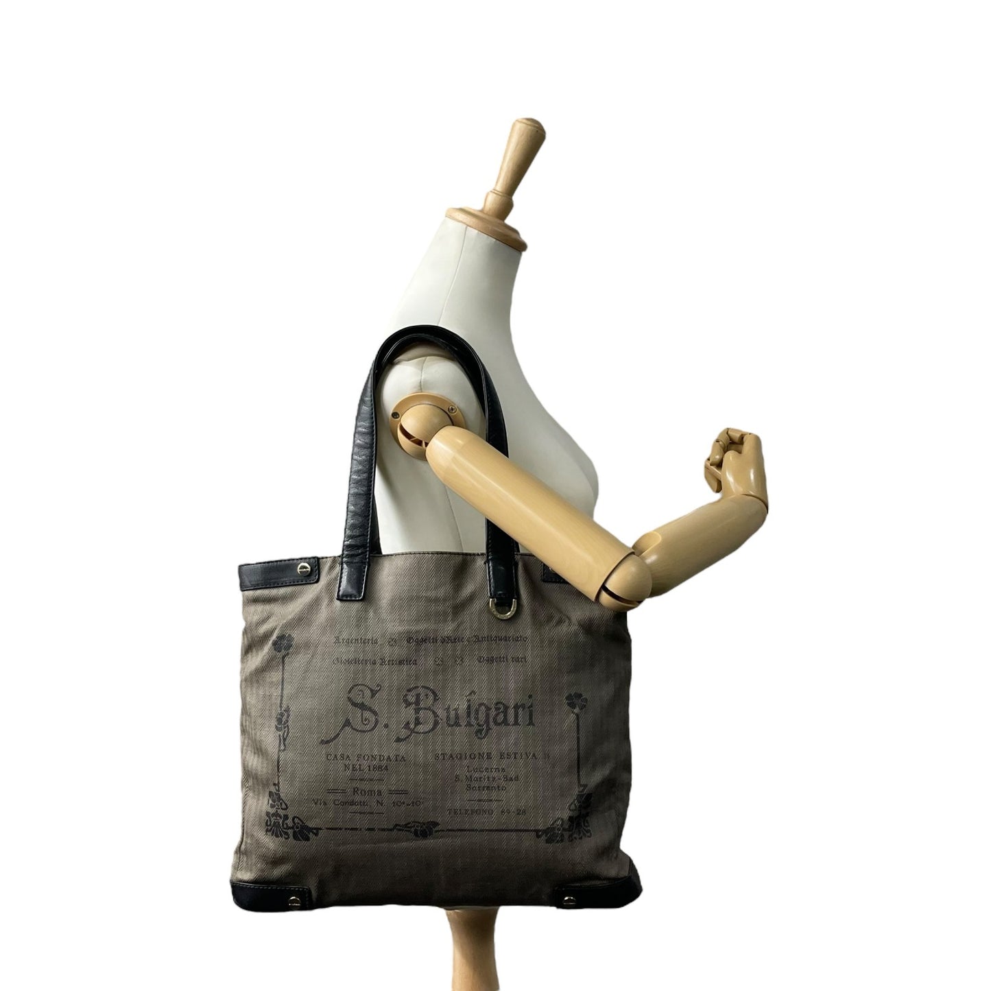 BVLGARI ブルガリ コレツィオーネ トートバッグ ワンショルダー ロゴ PVC レザー グレー 黒 ブラック ゴールド金具 肩掛け可 メンズ レディース U15