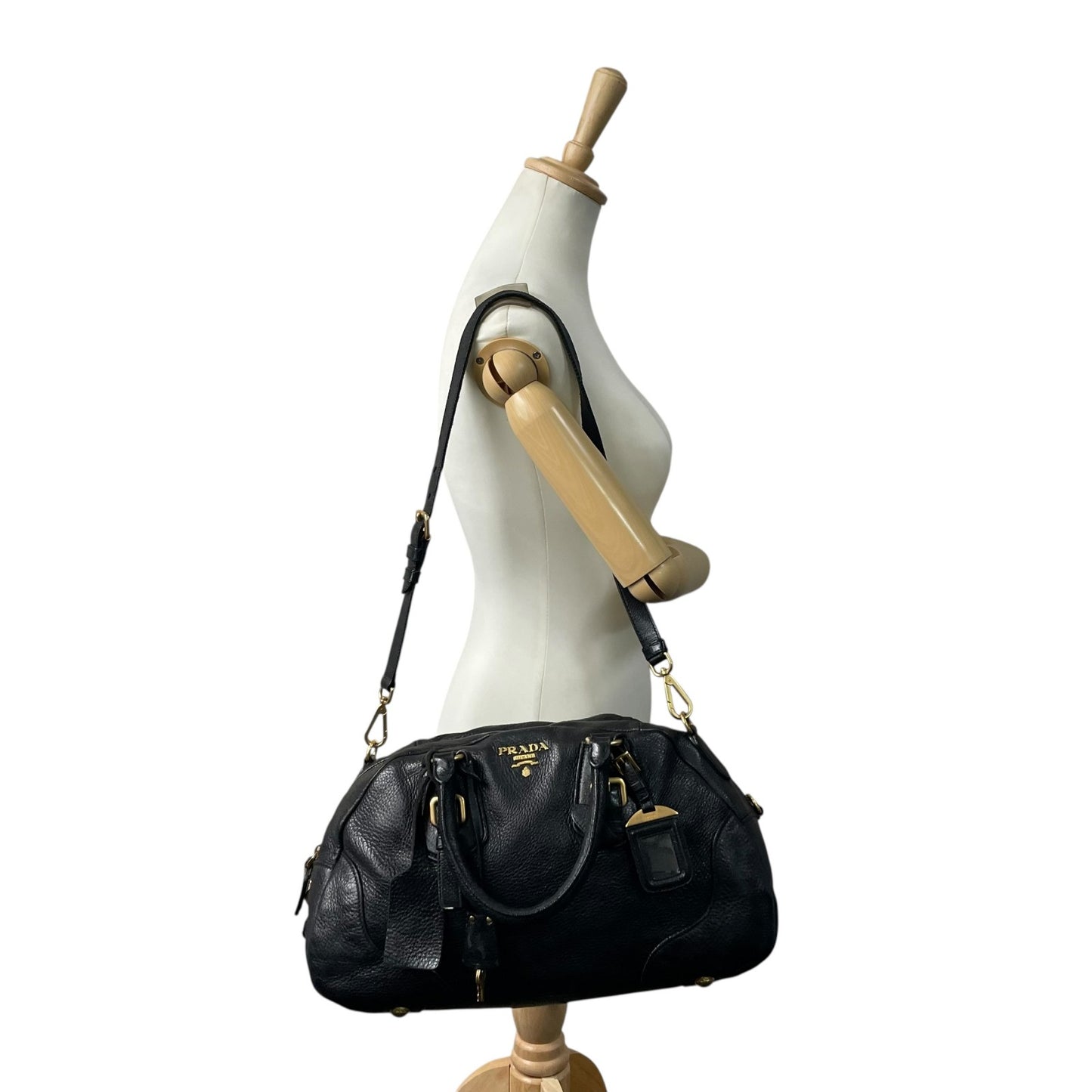 Authentic PRADA 2WAY Handbag Shoulder Black NERO Leather Gold Hardware Logo