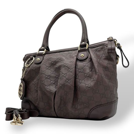 Authentic GUCCI Sukey 2WAY Handbag Shoulder Bag Dark Brown Leather Gold GG Charm