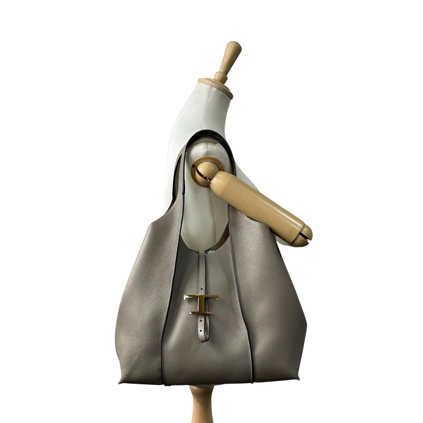 極美品 TOD'S トッズ T タイムレス レザー トートバッグ グレージュ ゴールド金具 ポーチ付き 大容量 肩掛け可 レディース 正規品 D