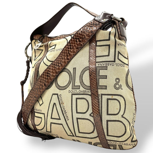 DOLCE&GABBANA ドルチェ&ガッバーナ ロゴプリント 2WAY トートバッグ ショルダーバッグ ベージュ系 ブラウン系 キャンバス レザー 型押し 斜め掛け可 ドルガバ D&G メンズ レディース C3