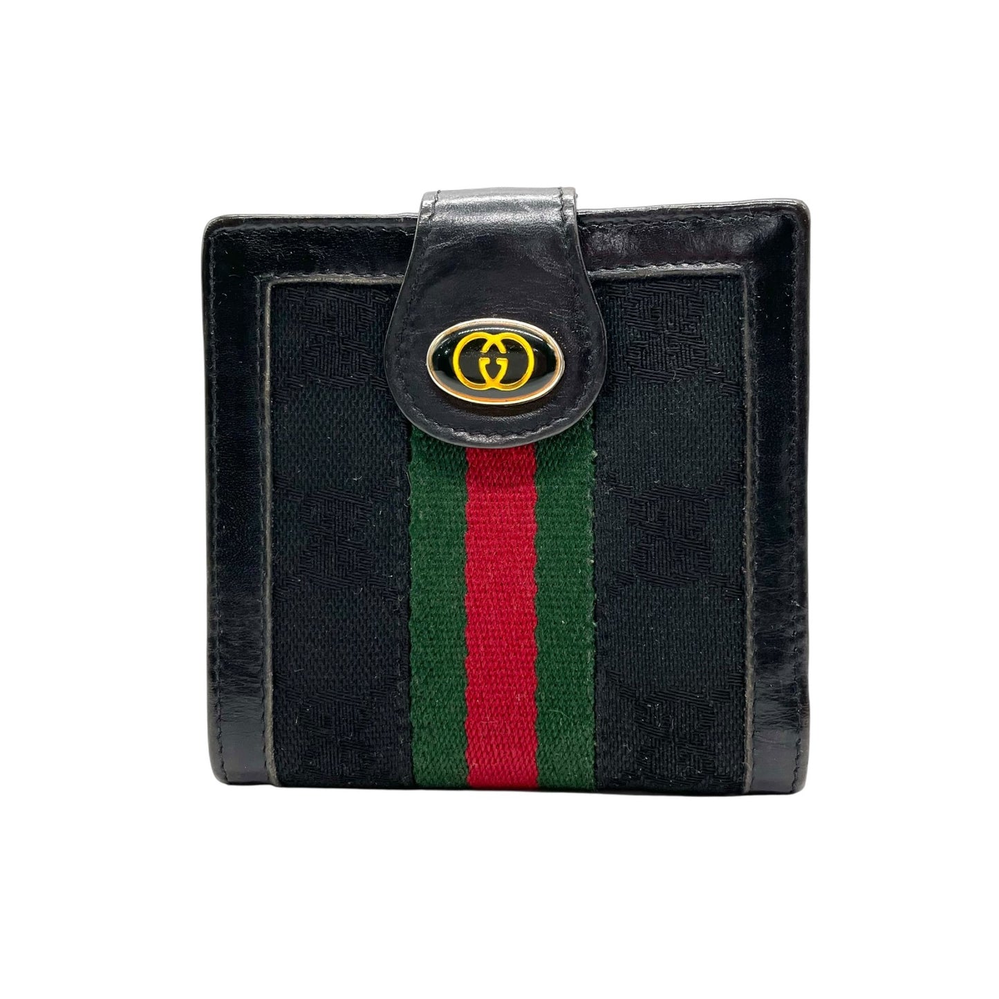 グッチ GUCCI シェリーライン 二つ折り財布 GGキャンバス レザー 黒 ブラック ゴールド金具 ヴィンテージ W4