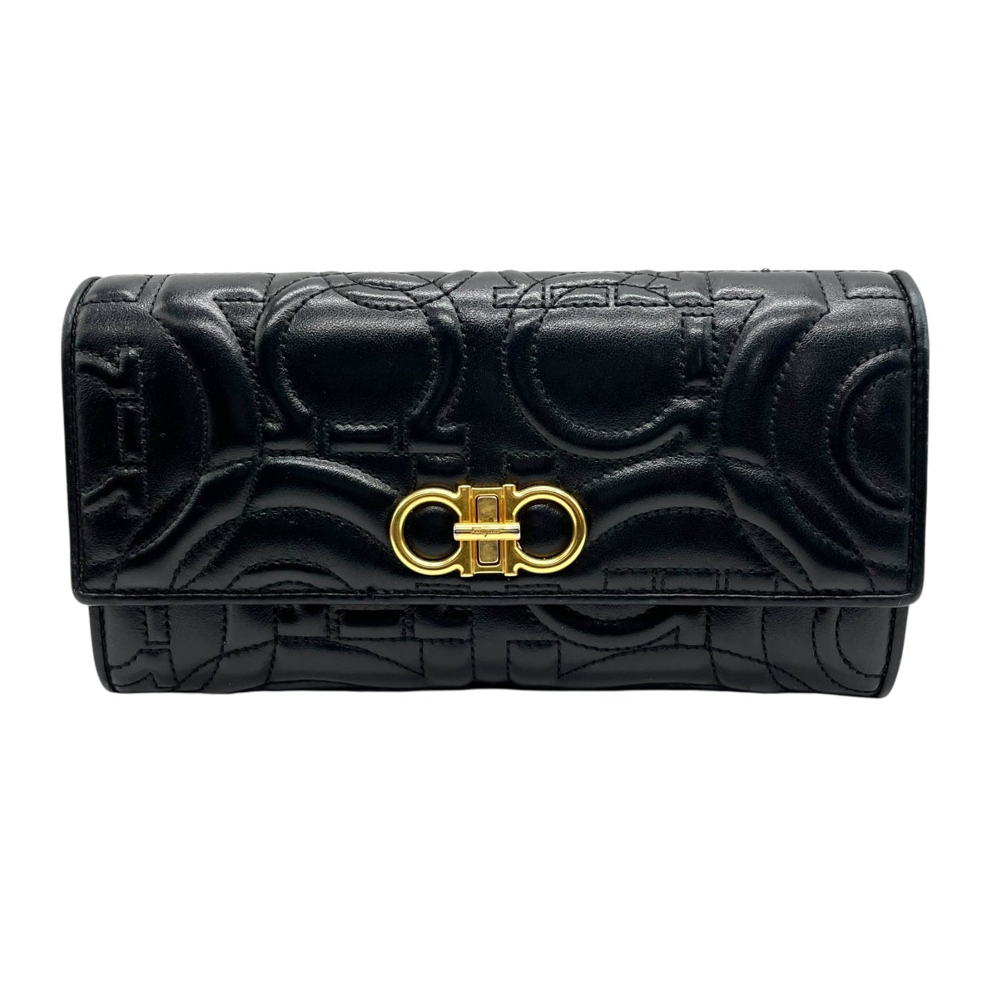 Salvatore Ferragamo フェラガモ 長財布 ガンチーニ ダブルガンチーニ エンボス ターンロック 黒 ブラック レザー 本革 ゴールド金具 ロングウォレット レディース W5