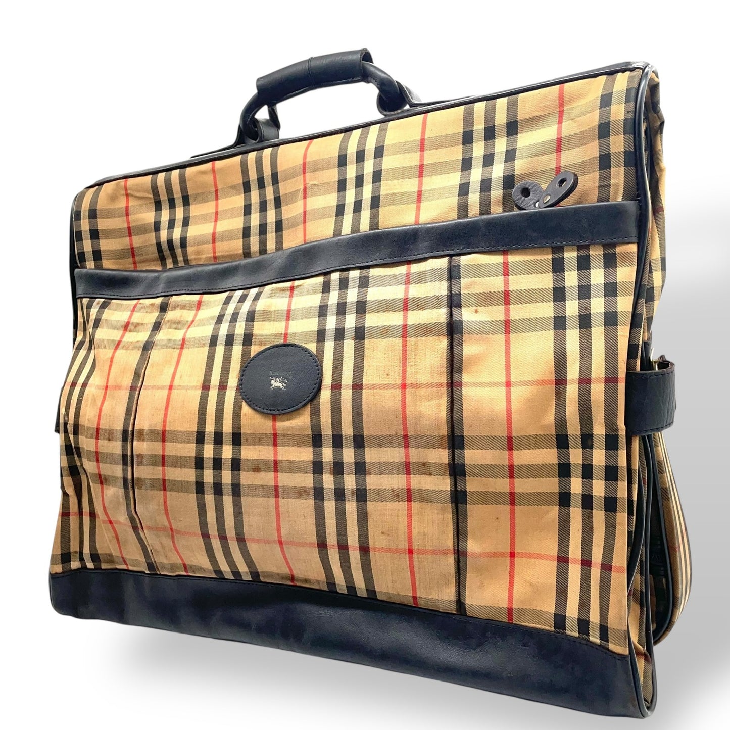 BURBERRY バーバリー ガーメントバッグ ノバチェック トラベルバッグ ベージュ ブラック キャンバス レザー ゴールド金具 ヴィンテージ メンズ X