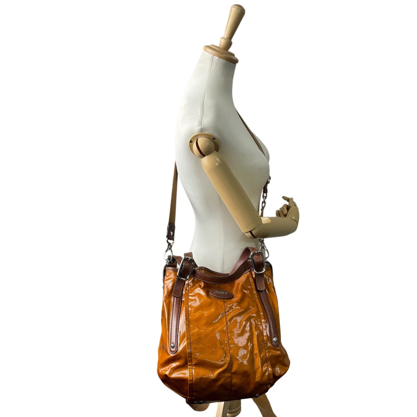 トッズ TOD’S レザー×ナイロン 2WAY トートバッグ ショルダーバッグ 茶色 ブラウン 光沢 大容量 レディース S95