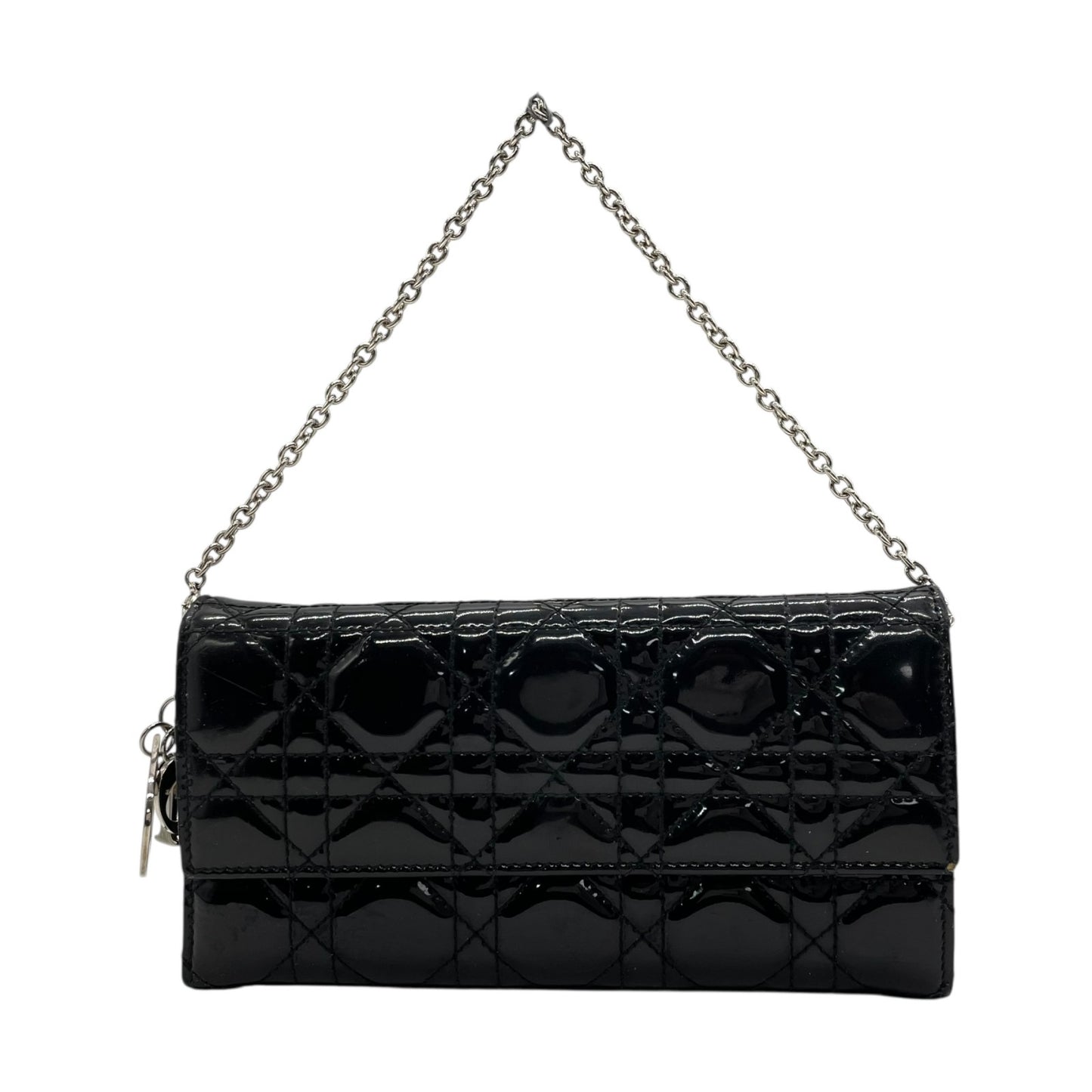 クリスチャンディオール Dior レディディオール ウォレットオンチェーン 黒 ブラック カナージュ パテントレザー チェーンストラップ キルティング エナメル ロゴ レディース W4