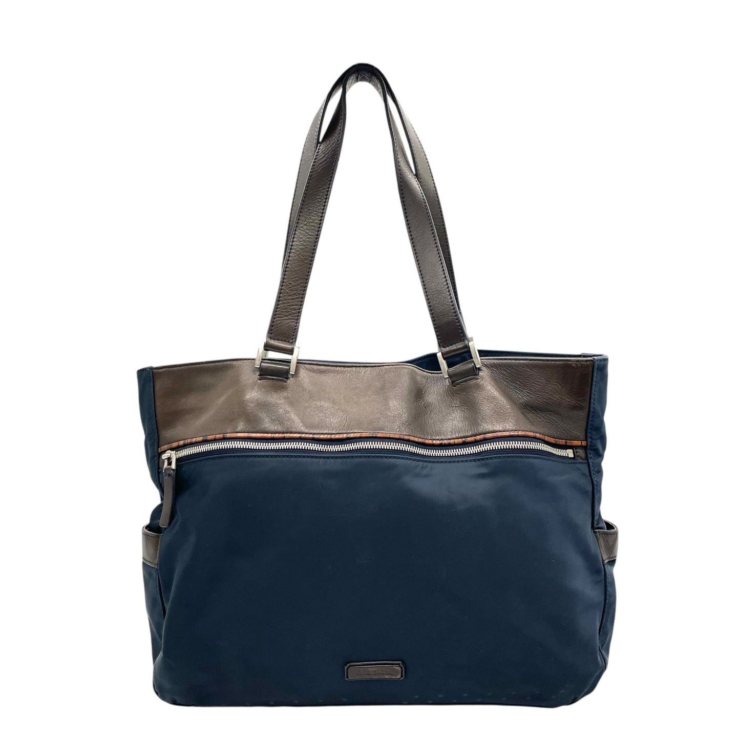 Paul Smith ポールスミス ZIP SIGNATURE ジップシグネチャー トートバッグ ビジネストート 紺 ネイビー 茶 ブラウン マルチストライプ ナイロン レザー シルバー金具 肩掛け可 メンズ X2