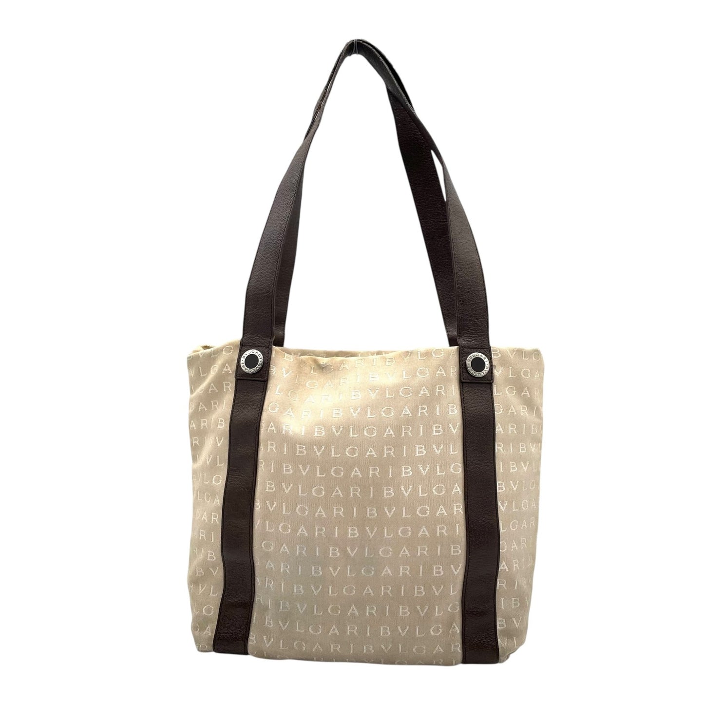 ブルガリ BVLGARI トートバッグ ハンドバッグ 肩掛け ロゴマニア ベージュ ブラウン 茶色 キャンバス レザー A40収納可 S80