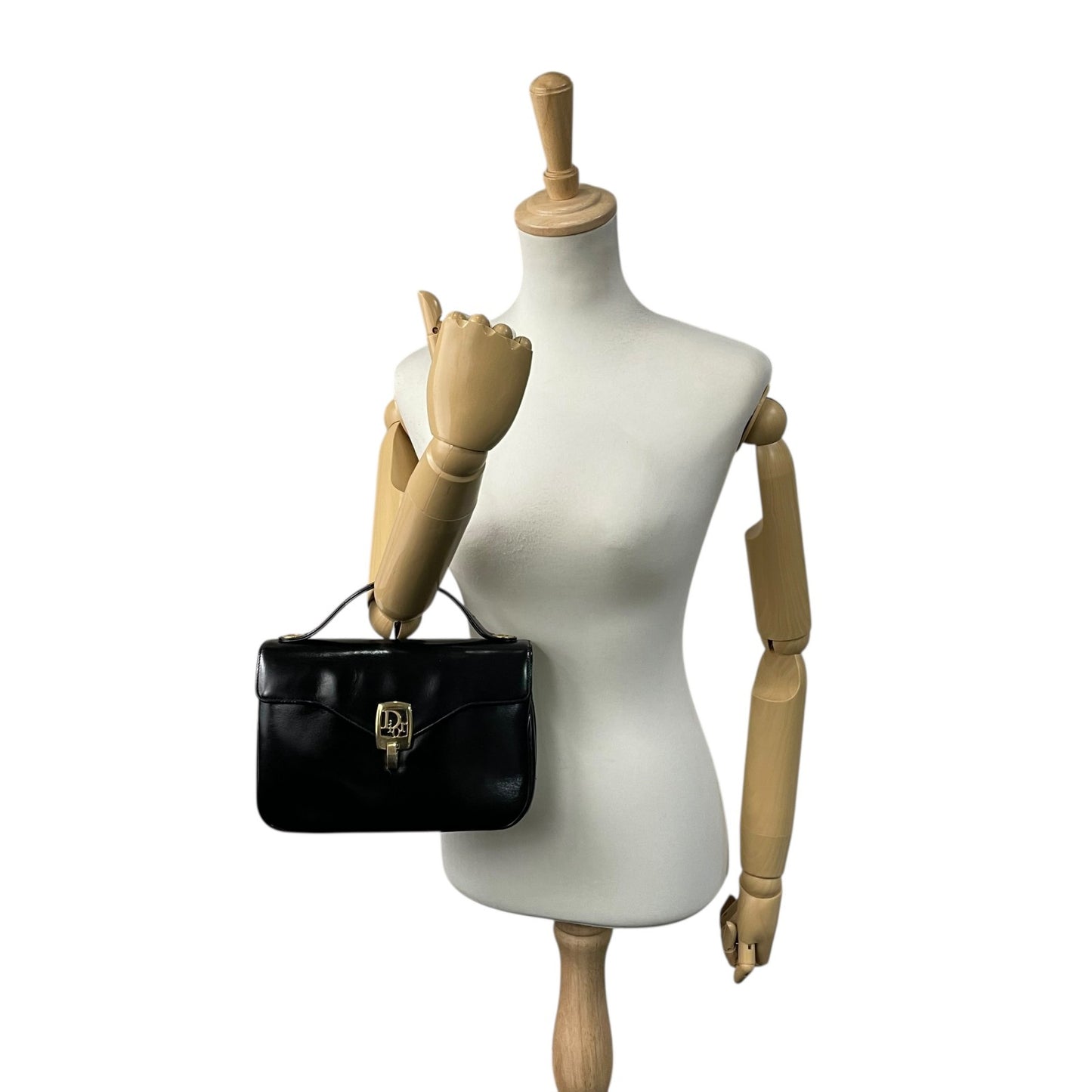 Christian Dior クリスチャンディオール ハンドバッグ ブラック レザー ゴールド金具 ロゴ トップハンドル フラップ フォーマル ヴィンテージ レディース B