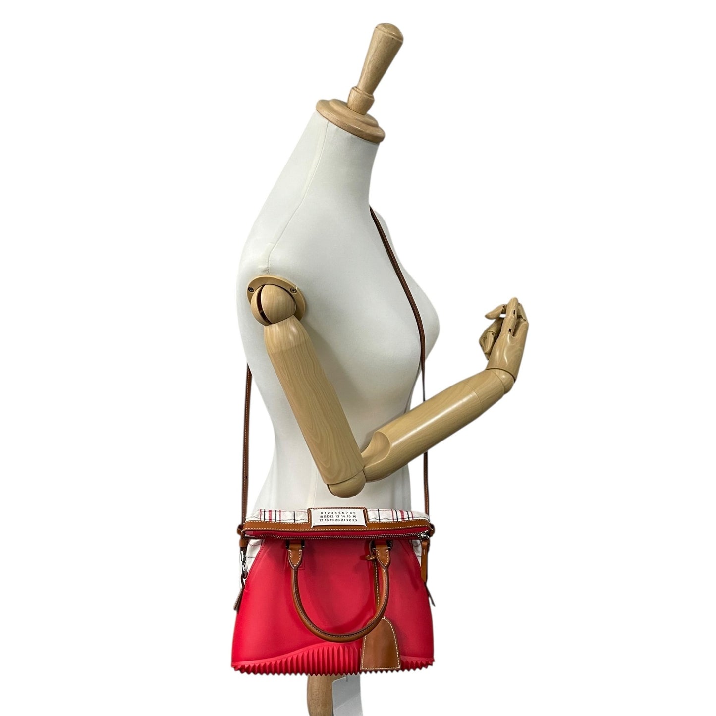 Excellent Authentic Maison Margiela 5AC 2WAY Handbag Mini Bag Red Leather Canvas Checkered SB3WG0009 Crossbody Padlock