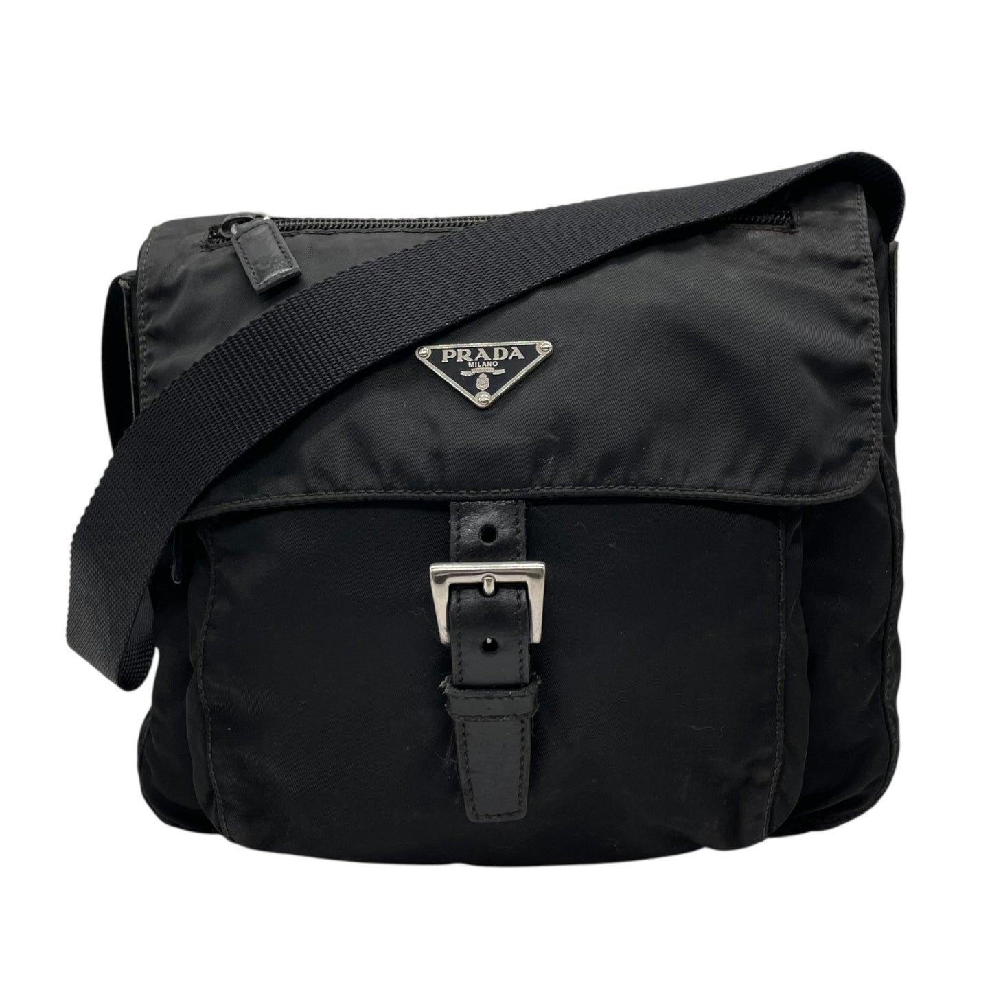 PRADA プラダ ショルダーバッグ 黒 ブラック NERO ナイロン レザー シルバー金具 三角ロゴ 斜め掛け メンズ レディース B3