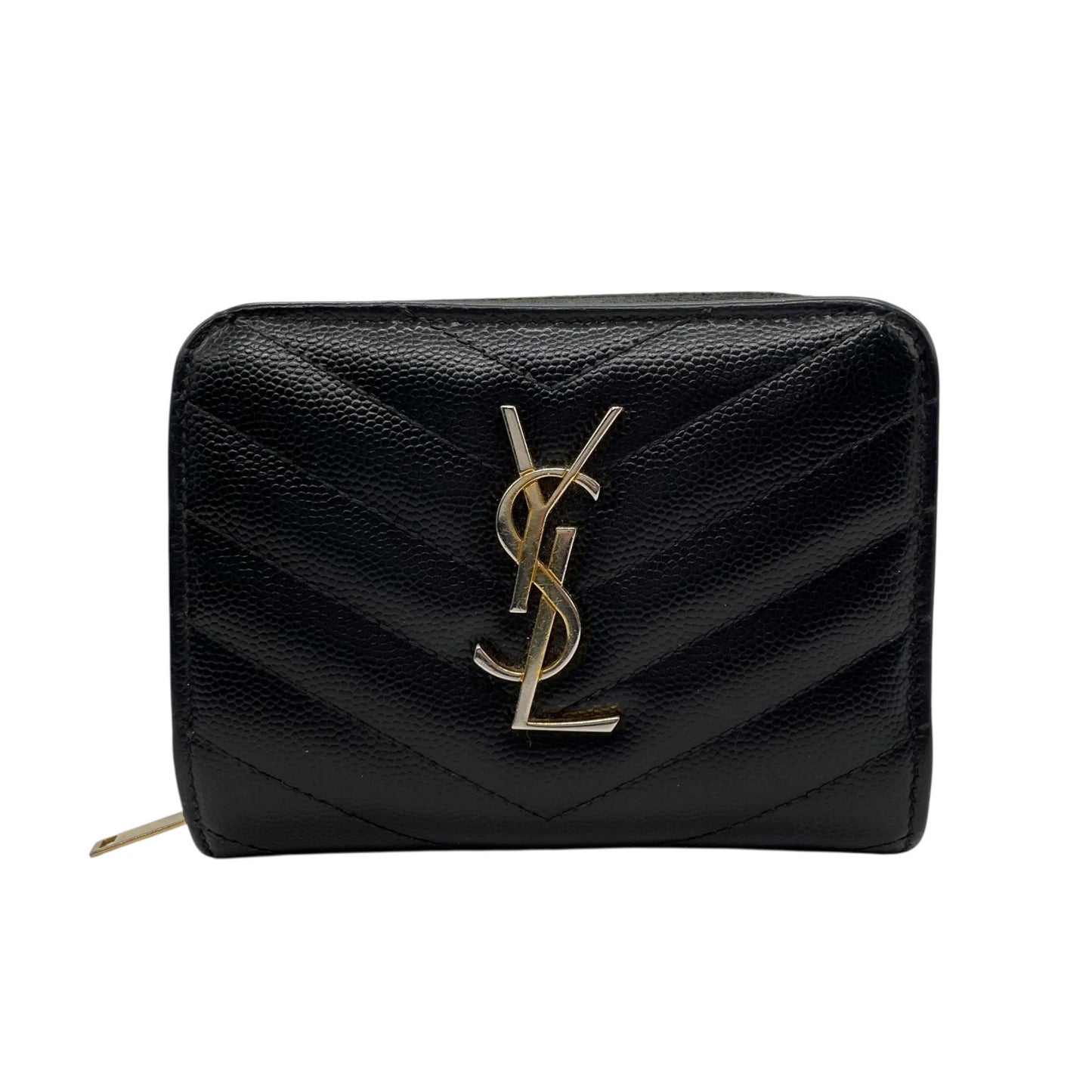 Authentic Saint Laurent Paris Compact Wallet Black YSL Large Logo Caviar Leather Gold Hardware Women