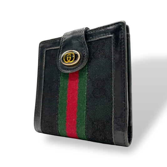 グッチ GUCCI シェリーライン 二つ折り財布 GGキャンバス レザー 黒 ブラック ゴールド金具 ヴィンテージ W4