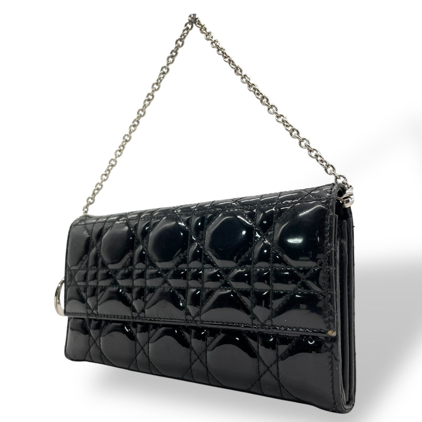 クリスチャンディオール Dior レディディオール ウォレットオンチェーン 黒 ブラック カナージュ パテントレザー チェーンストラップ キルティング エナメル ロゴ レディース W4