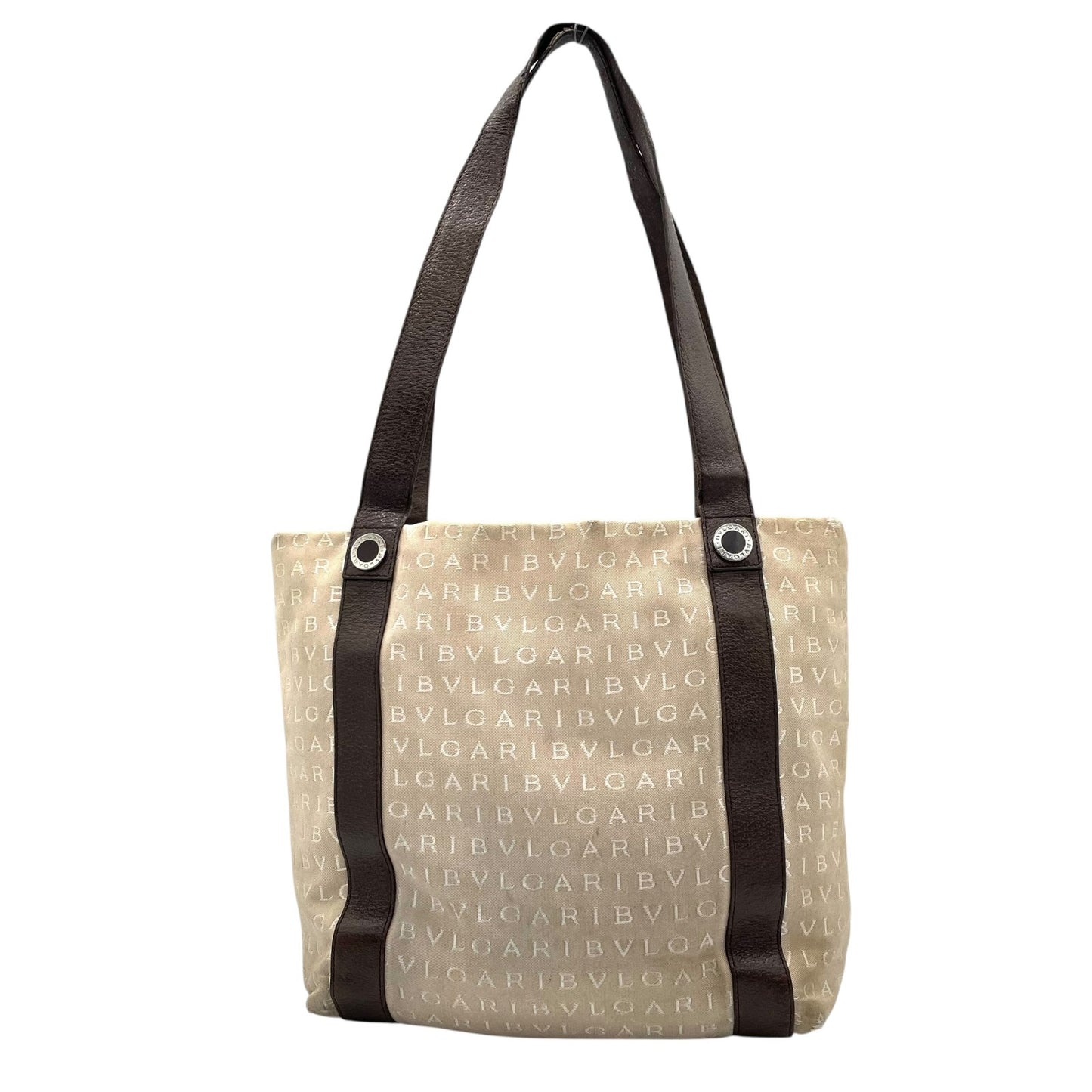 ブルガリ BVLGARI トートバッグ ハンドバッグ 肩掛け ロゴマニア ベージュ ブラウン 茶色 キャンバス レザー A40収納可 S80