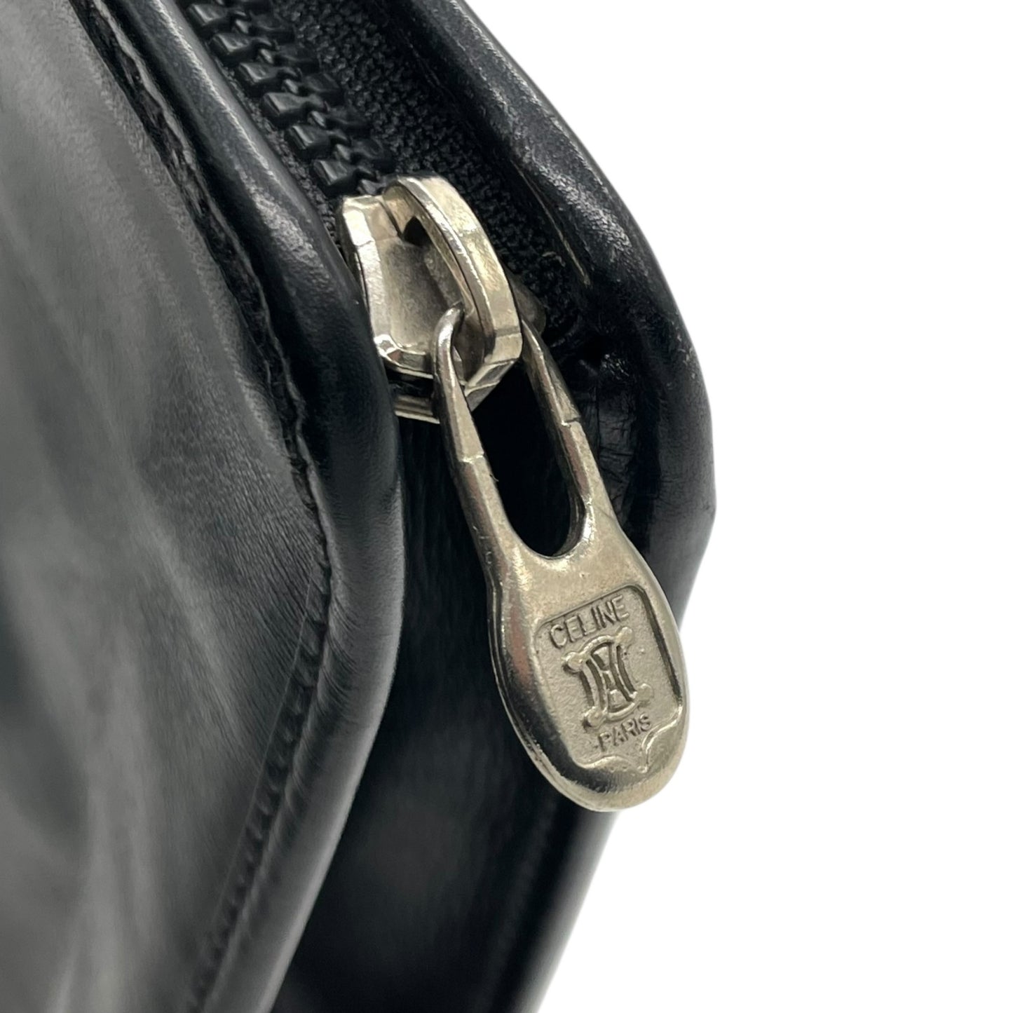 CELINE ヴィンテージ レザークラッチバッグ シルバーサークル金具 ブラック 黒 フラップ クラッチ セリーヌ レディース c6