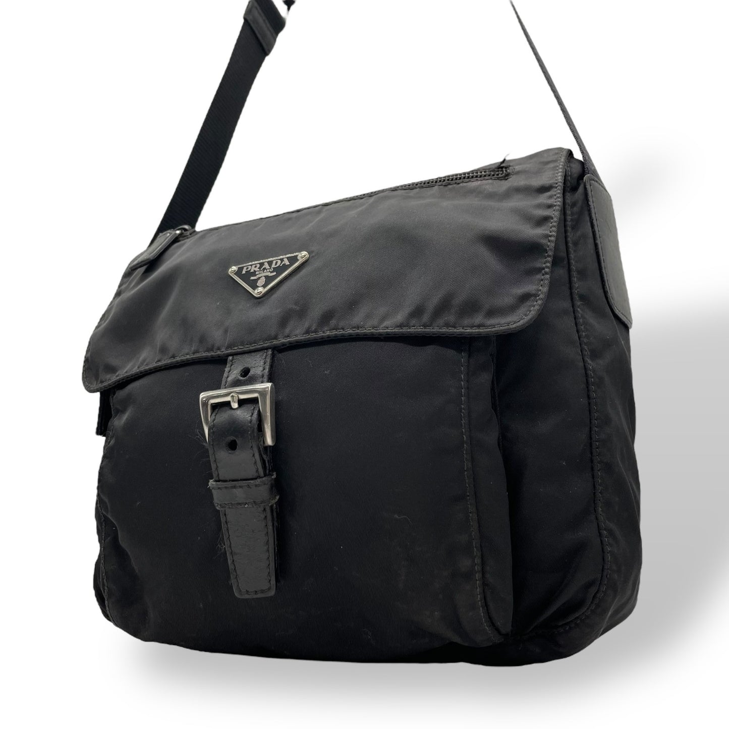 PRADA プラダ ショルダーバッグ 黒 ブラック NERO ナイロン レザー シルバー金具 三角ロゴ 斜め掛け メンズ レディース B3