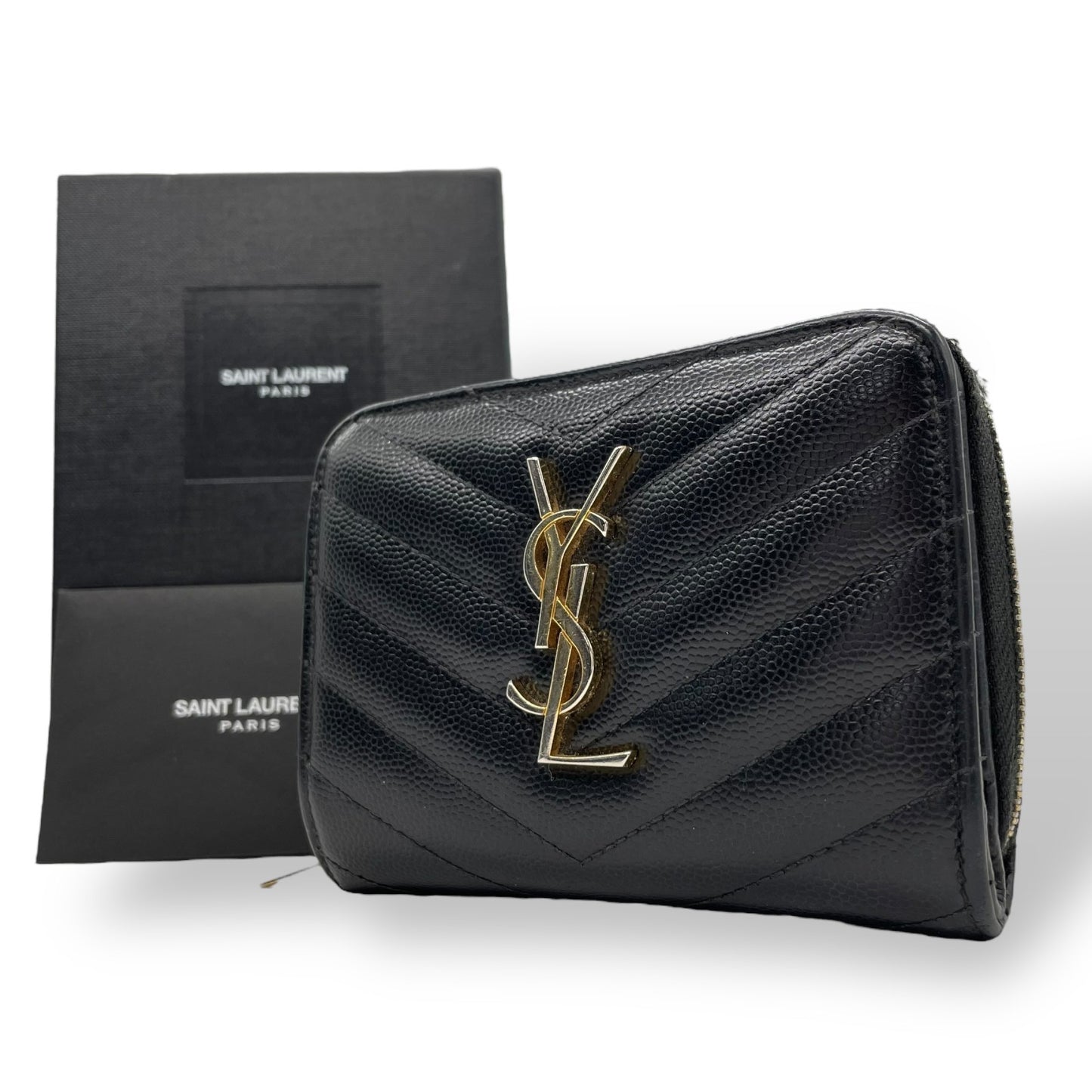 Authentic Saint Laurent Paris Compact Wallet Black YSL Large Logo Caviar Leather Gold Hardware Women