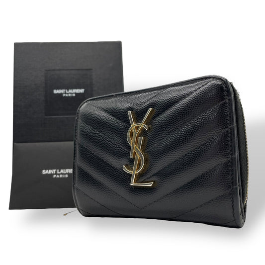 Authentic Saint Laurent Paris Compact Wallet Black YSL Large Logo Caviar Leather Gold Hardware Women