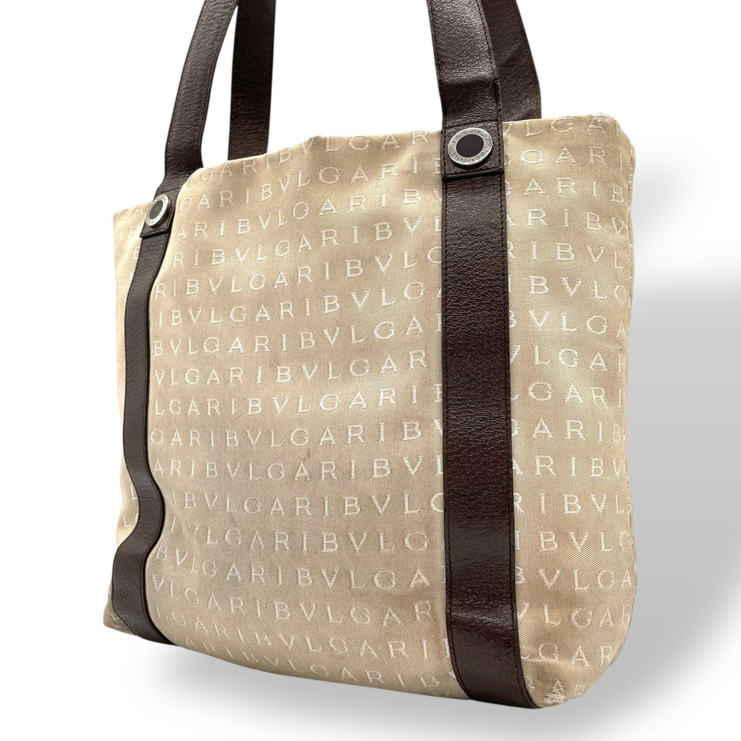 ブルガリ BVLGARI トートバッグ ハンドバッグ 肩掛け ロゴマニア ベージュ ブラウン 茶色 キャンバス レザー A40収納可 S80