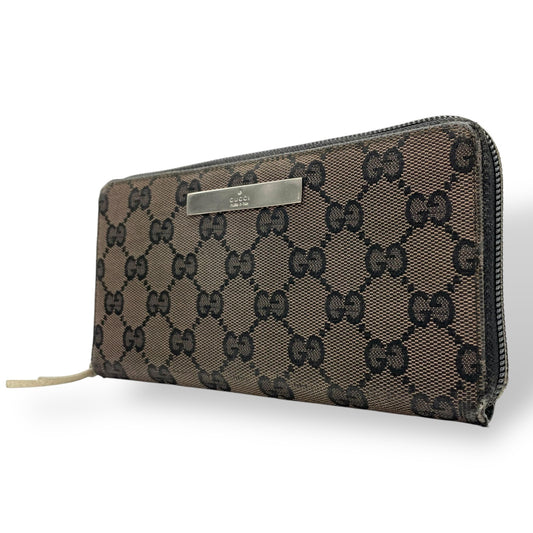 グッチ GUCCI 長財布 ラウンドファスナー GGキャンバス レザー ブラウン 茶 GG柄 ロゴ シルバー金具 メンズ レディース M1