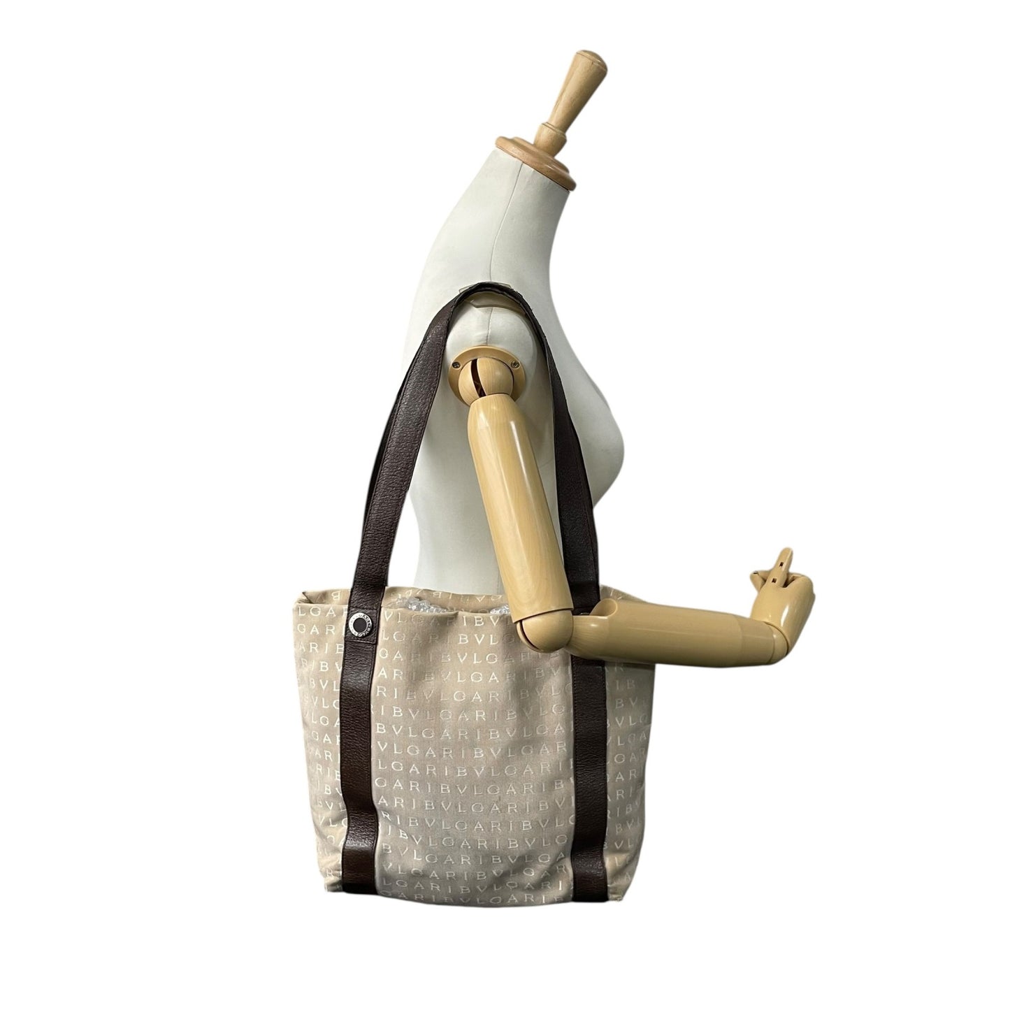 ブルガリ BVLGARI トートバッグ ハンドバッグ 肩掛け ロゴマニア ベージュ ブラウン 茶色 キャンバス レザー A40収納可 S80