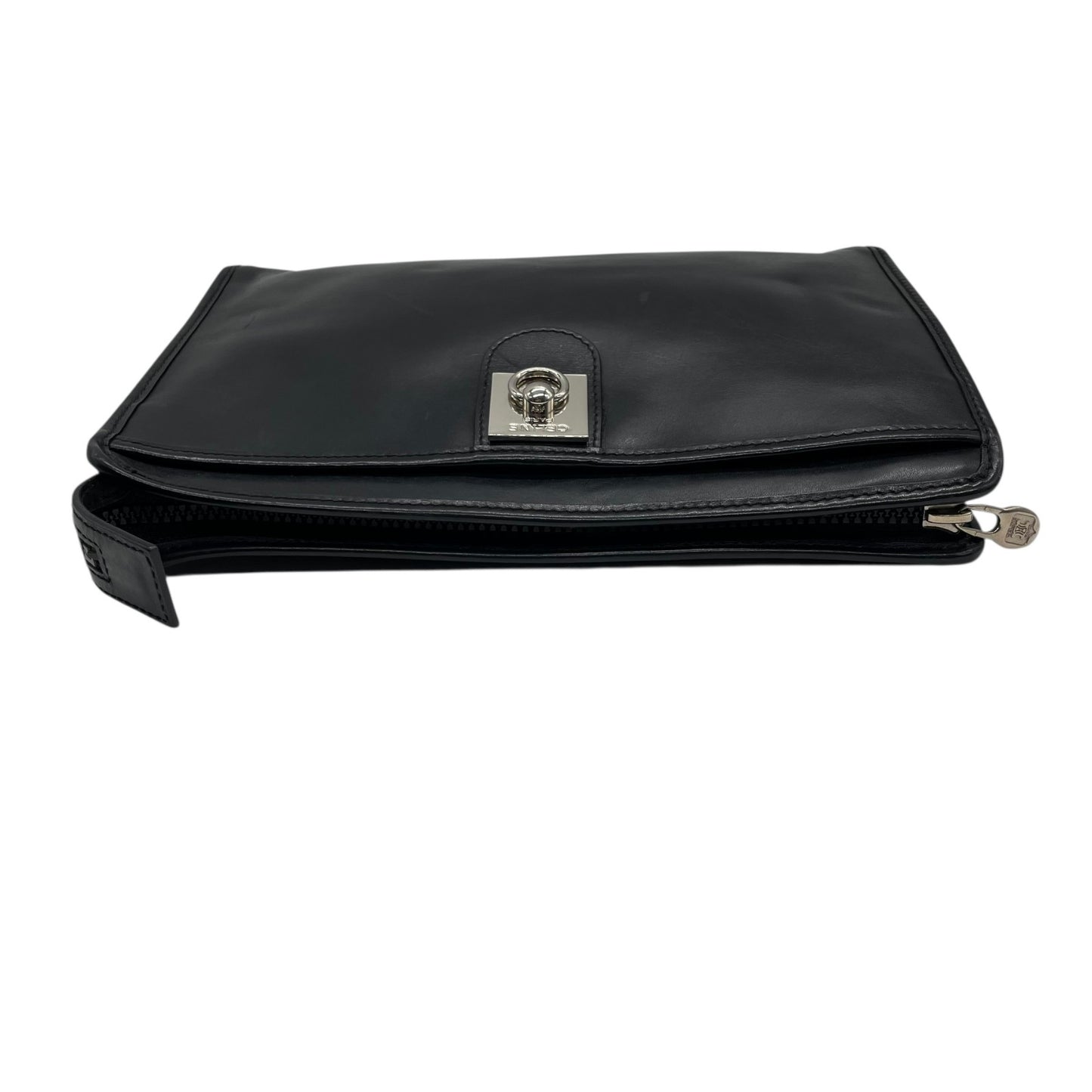 CELINE ヴィンテージ レザークラッチバッグ シルバーサークル金具 ブラック 黒 フラップ クラッチ セリーヌ レディース c6